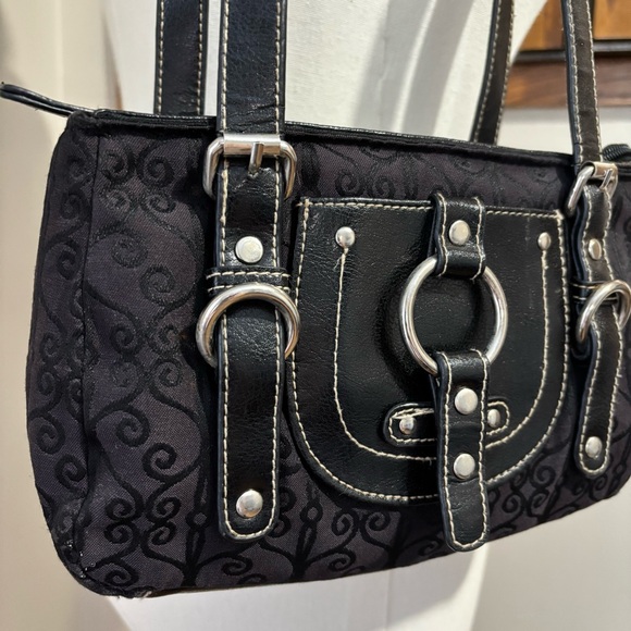 90s Vintage Black Faux Leather Small Studded Fabric Shoulder Bag Purse iPod - Picture 2 of 10